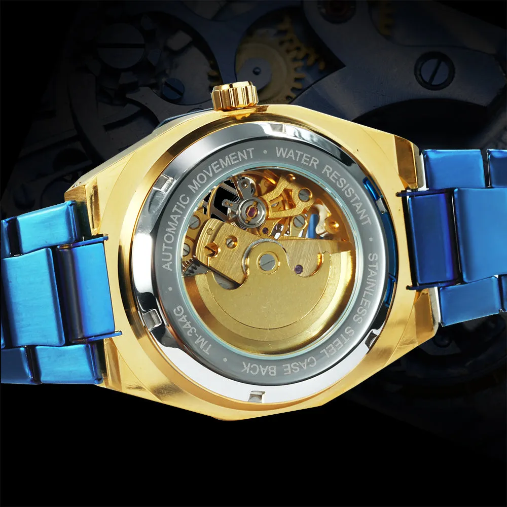 Black Gold Skeleton Automatic Mechanical Mens Watches TM344G Luxury WINNER Watch Stainless Steel Strap