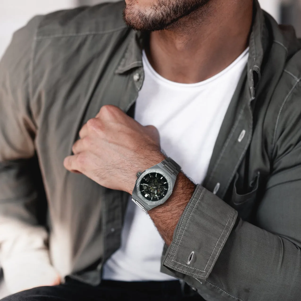 Black Gold Skeleton Automatic Mechanical Mens Watches TM344G Luxury WINNER Watch Stainless Steel Strap