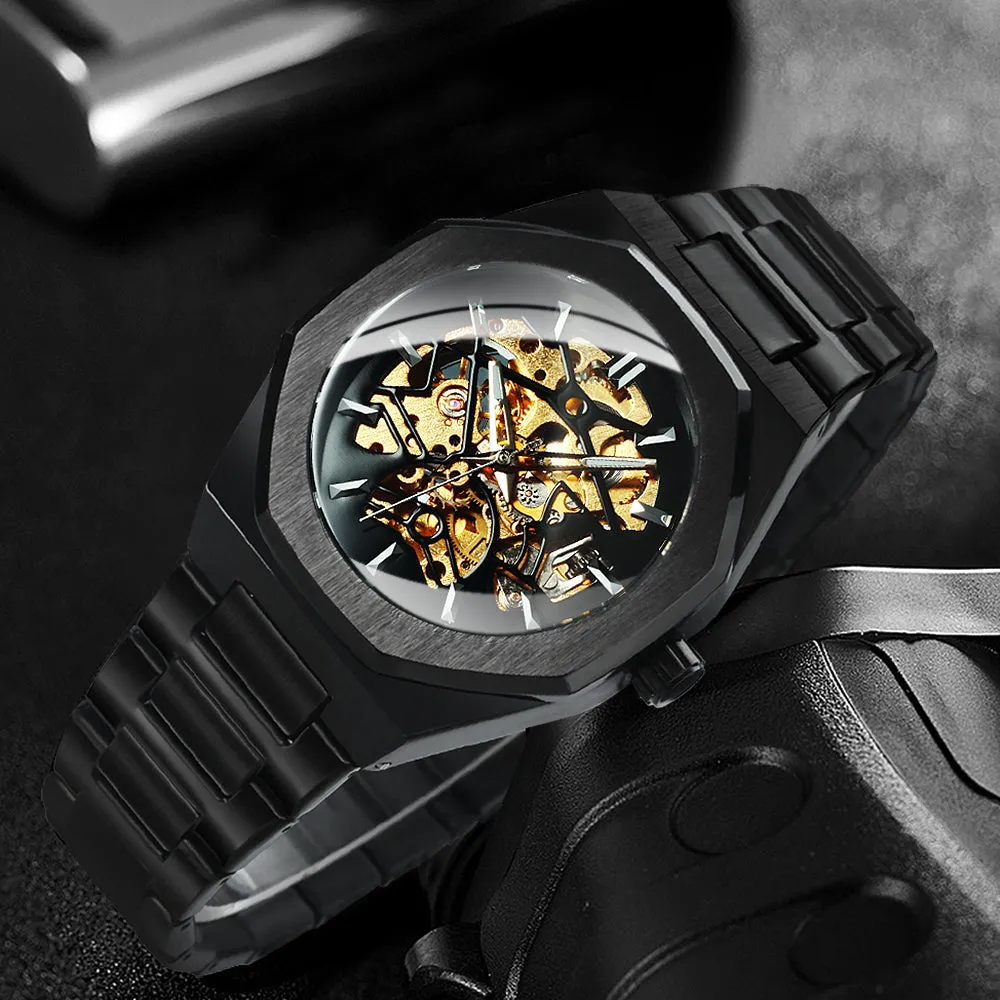 Black Gold Skeleton Automatic Mechanical Mens Watches TM344G Luxury WINNER Watch Stainless Steel Strap
