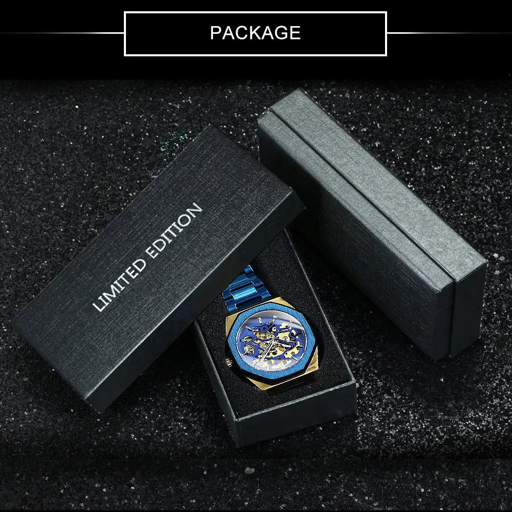 Black Gold Skeleton Automatic Mechanical Mens Watches TM344G Luxury WINNER Watch Stainless Steel Strap