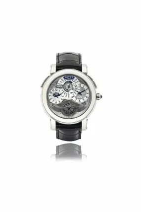 bovet dimier 18k white gold semi-skeletonised dual time and tourbillon wristwatch ref. d501