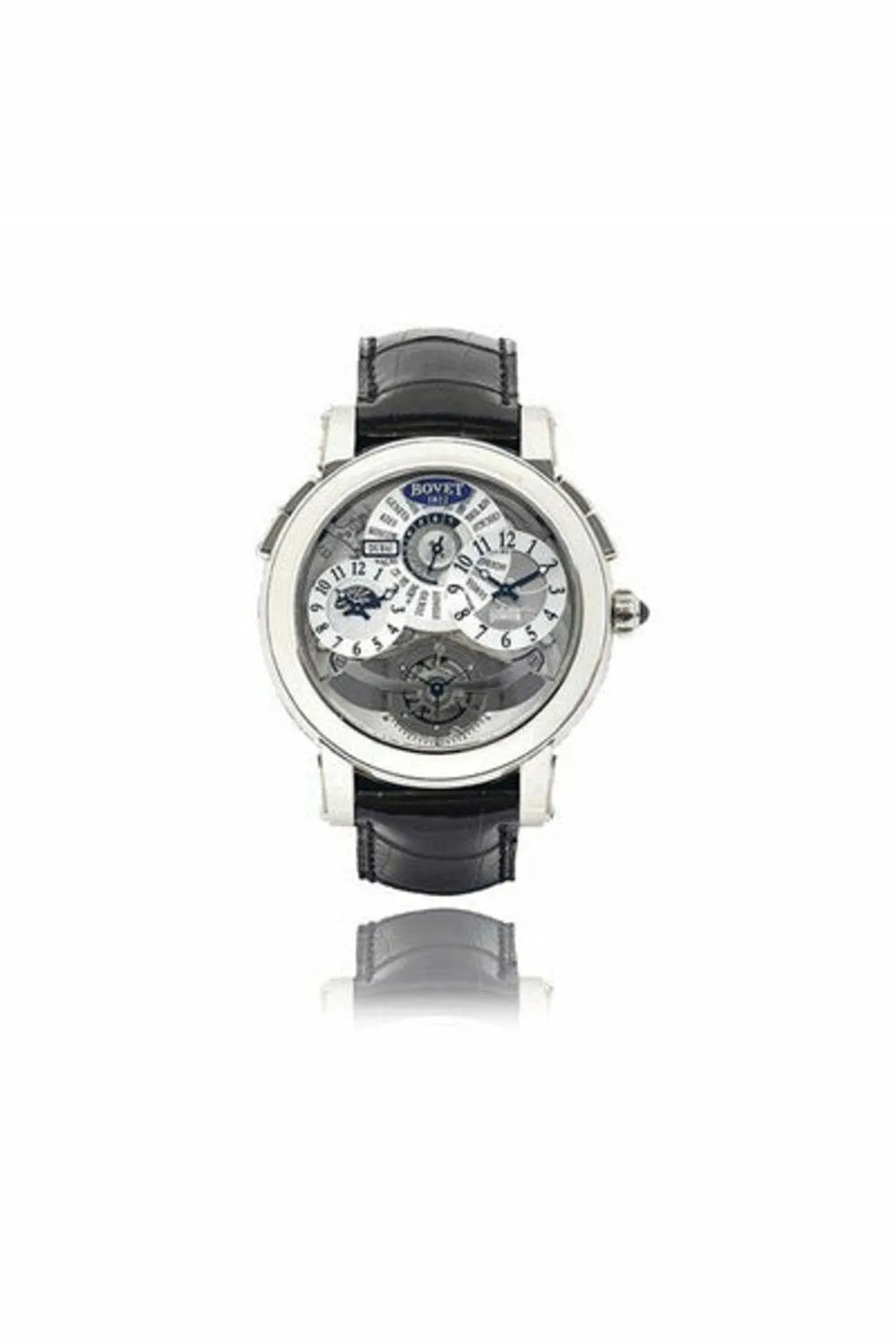 bovet dimier 18k white gold semi-skeletonised dual time and tourbillon wristwatch ref. d501