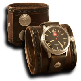 Brown Stressed Leather Cuff Watch with Stainless 42MM Sapphire