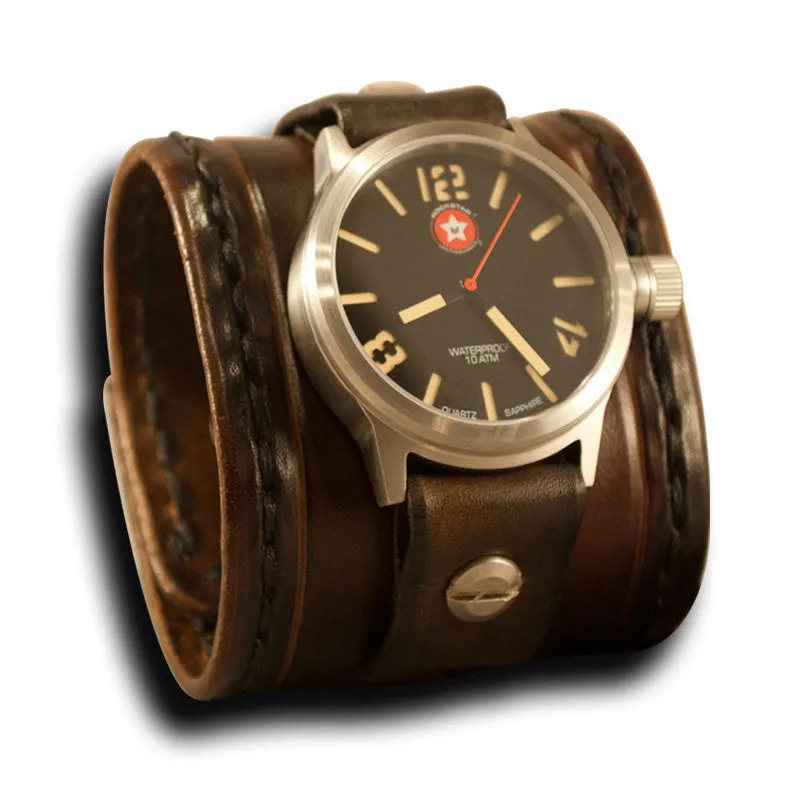 Brown Stressed Leather Cuff Watch with Stainless 42MM Sapphire