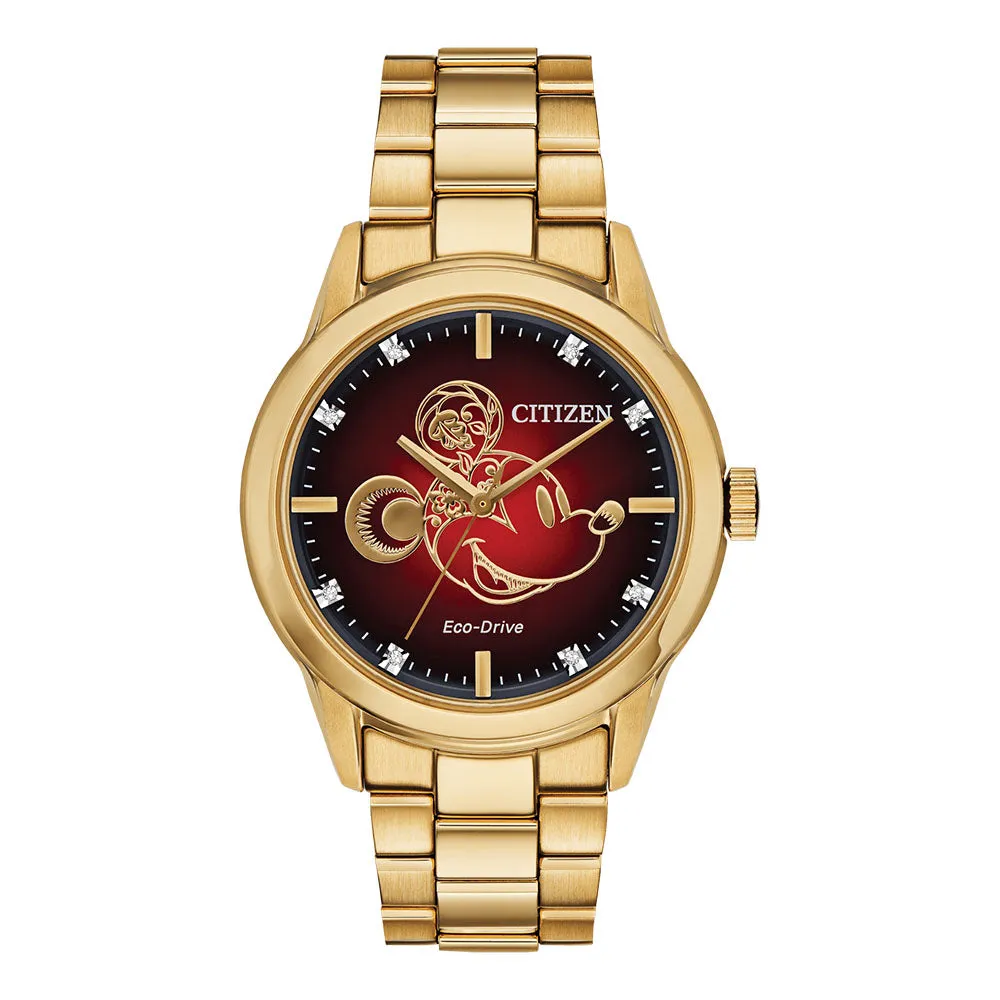 Citizen Unisex Eco-Drive Mickey Mouse Limited Edition Gold-Tone Stainless Steel Bracelet Diamond Accent Red Dial Analog Watch - FE7082-53W