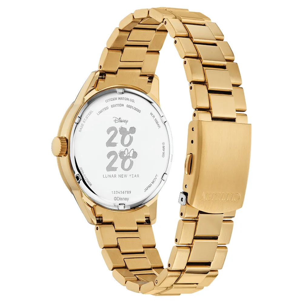 Citizen Unisex Eco-Drive Mickey Mouse Limited Edition Gold-Tone Stainless Steel Bracelet Diamond Accent Red Dial Analog Watch - FE7082-53W