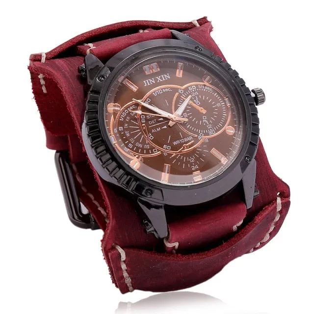 Fashion Blue Glass Punk Style Mens Watches Wide Leather Bracelets