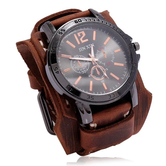 Fashion Blue Glass Punk Style Mens Watches Wide Leather Bracelets