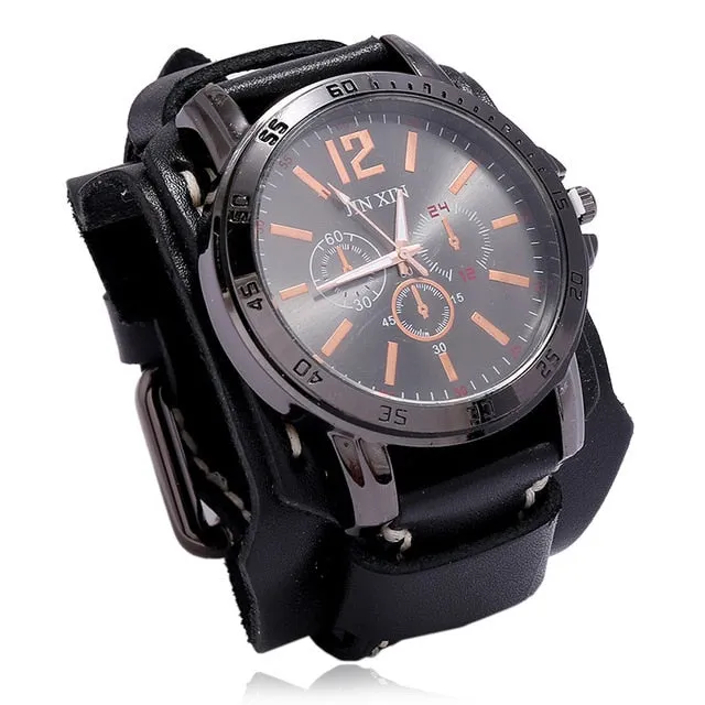 Fashion Blue Glass Punk Style Mens Watches Wide Leather Bracelets