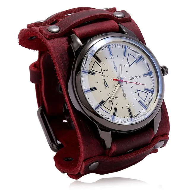 Fashion Blue Glass Punk Style Mens Watches Wide Leather Bracelets