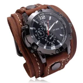 Fashion Blue Glass Punk Style Mens Watches Wide Leather Bracelets
