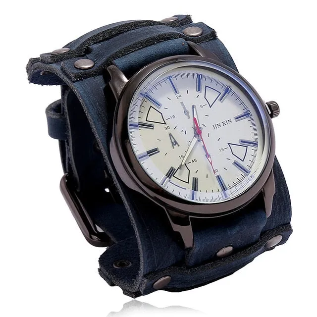 Fashion Blue Glass Punk Style Mens Watches Wide Leather Bracelets