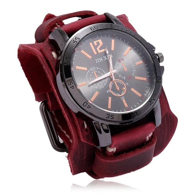 Fashion Blue Glass Punk Style Mens Watches Wide Leather Bracelets