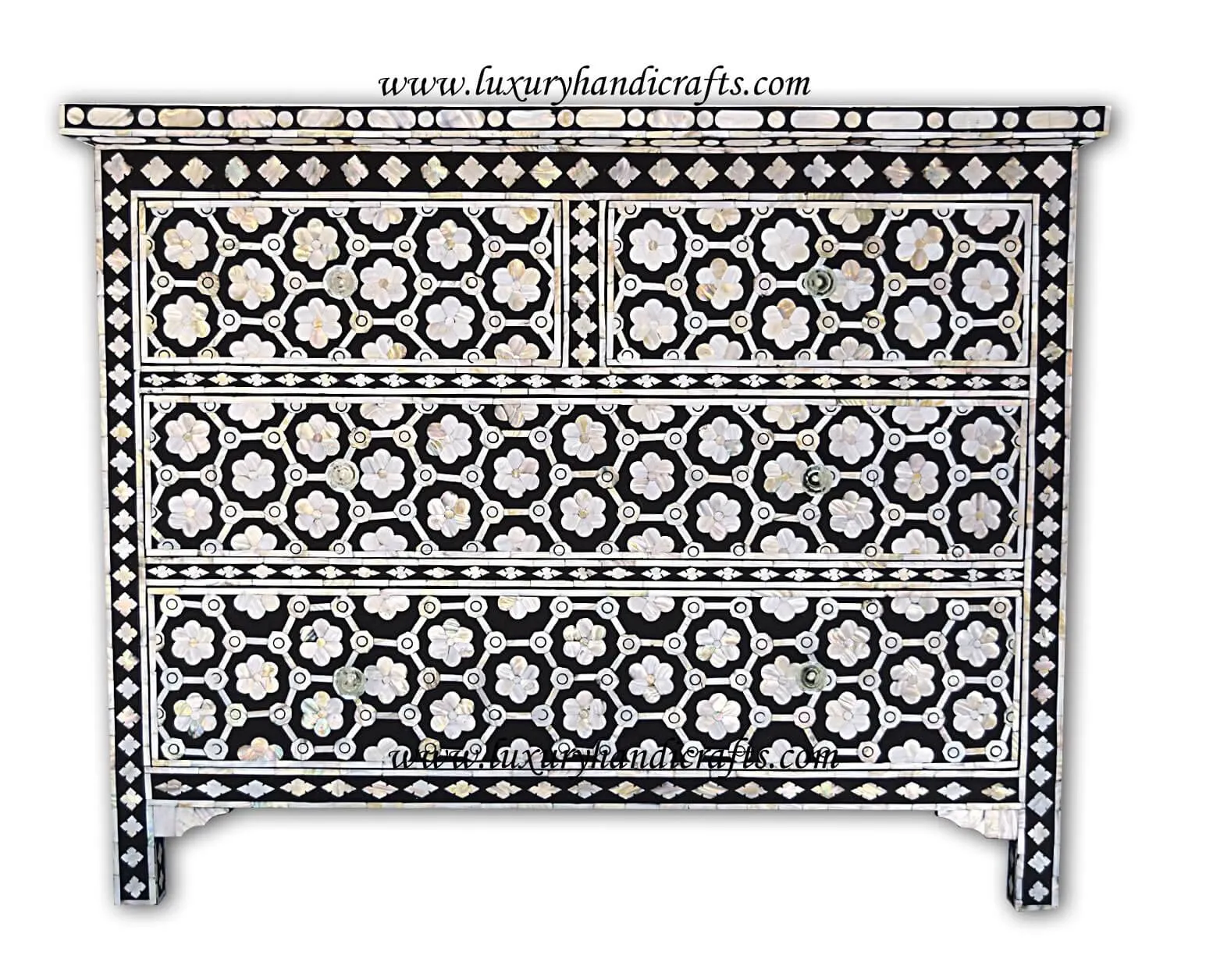 Flower Design Chest Of Four Drawer Mother Of Pearl Inlay Black