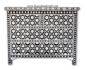 Flower Design Chest Of Four Drawer Mother Of Pearl Inlay Black