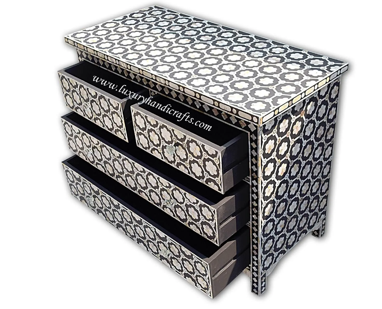 Flower Design Chest Of Four Drawer Mother Of Pearl Inlay Black