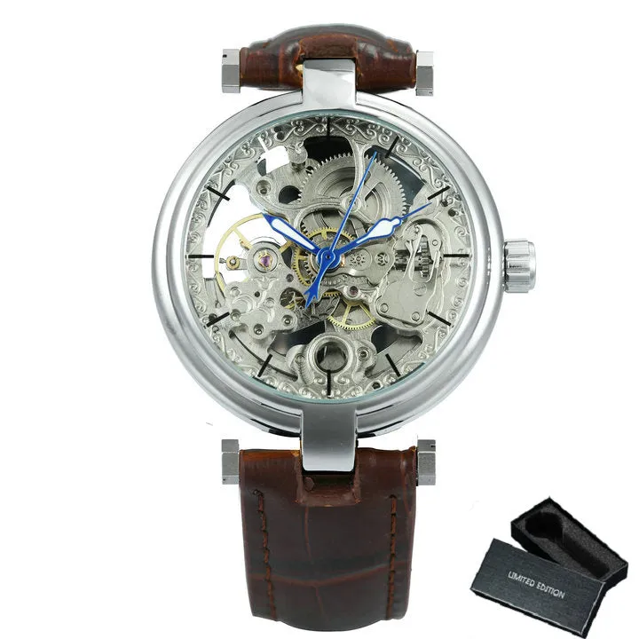 Forsining Fashion Elegant Skeleton Automatic Mechanical Watch for Women Engraved Movement Leather Strap Unisex Watches