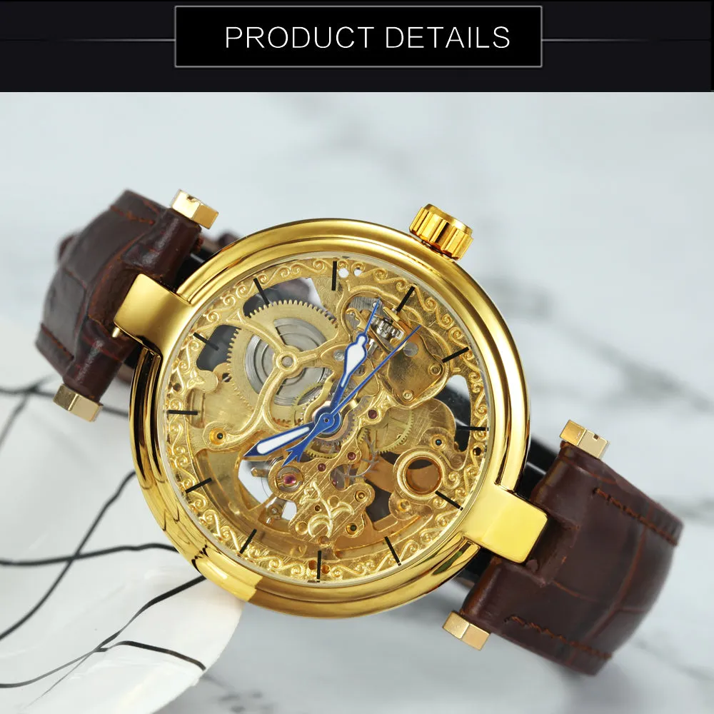 Forsining Fashion Elegant Skeleton Automatic Mechanical Watch for Women Engraved Movement Leather Strap Unisex Watches
