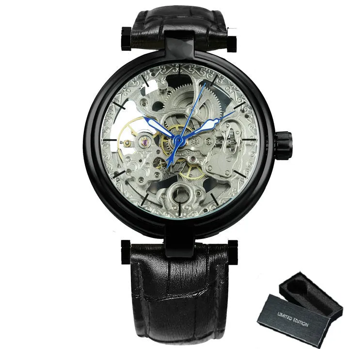 Forsining Fashion Elegant Skeleton Automatic Mechanical Watch for Women Engraved Movement Leather Strap Unisex Watches