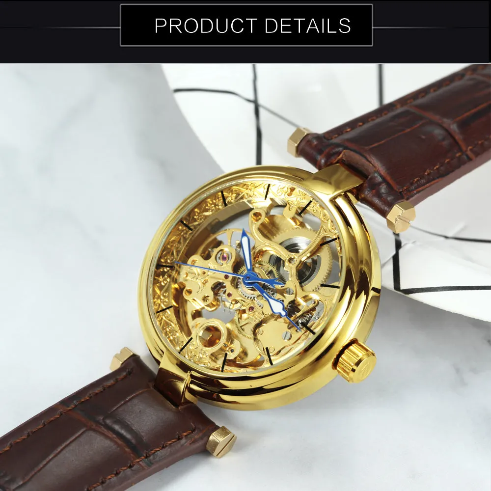 Forsining Fashion Elegant Skeleton Automatic Mechanical Watch for Women Engraved Movement Leather Strap Unisex Watches
