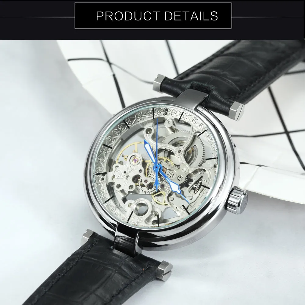 Forsining Fashion Elegant Skeleton Automatic Mechanical Watch for Women Engraved Movement Leather Strap Unisex Watches