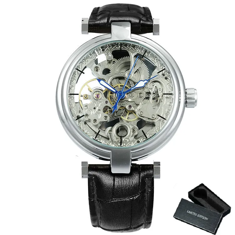 Forsining Fashion Elegant Skeleton Automatic Mechanical Watch for Women Engraved Movement Leather Strap Unisex Watches