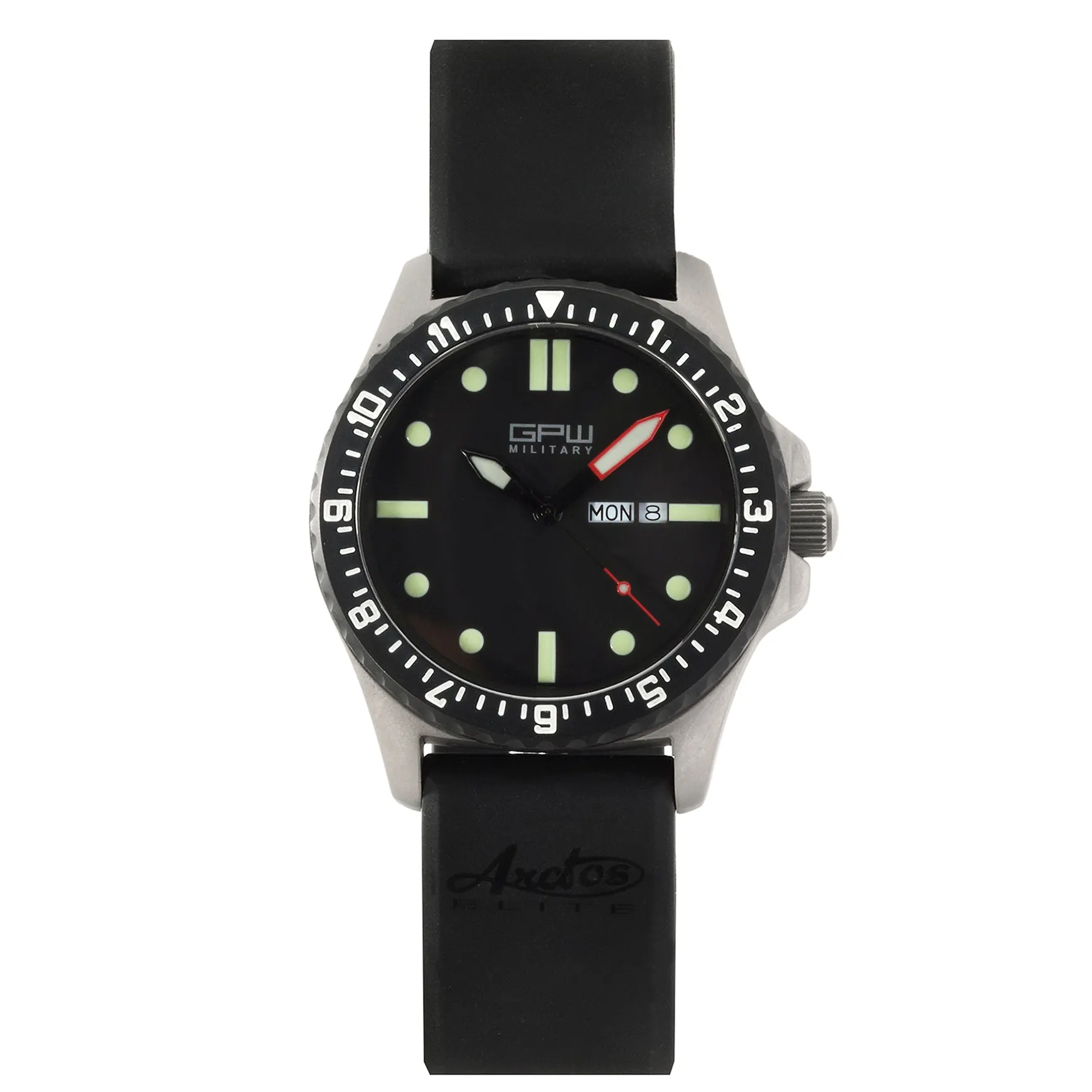 German Military Titanium Watch. GPW Day Date. Sapphire Crystal. Black Rubber Strap. 200M W/R