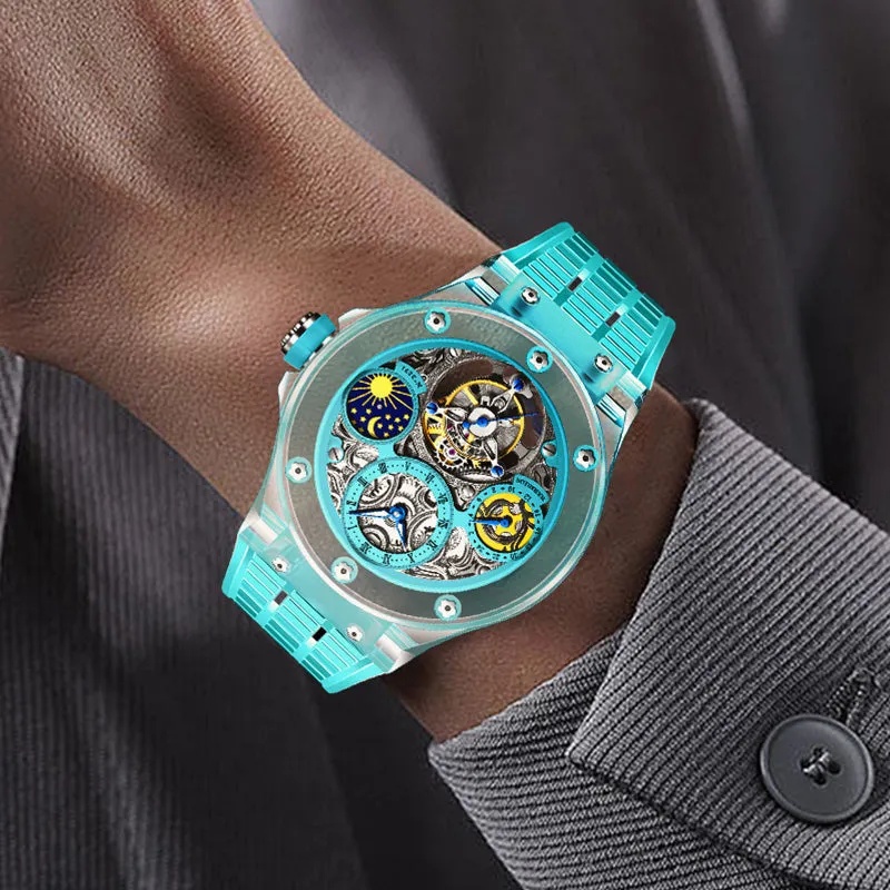 Haofa K9 Crystal Case Skeleton Tourbillon GMT Watch 2231