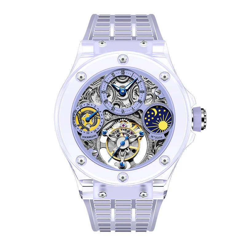 Haofa K9 Crystal Case Skeleton Tourbillon GMT Watch 2231