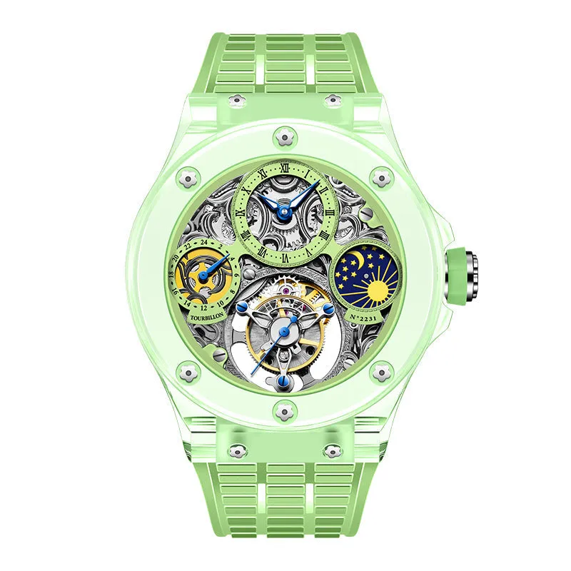 Haofa K9 Crystal Case Skeleton Tourbillon GMT Watch 2231