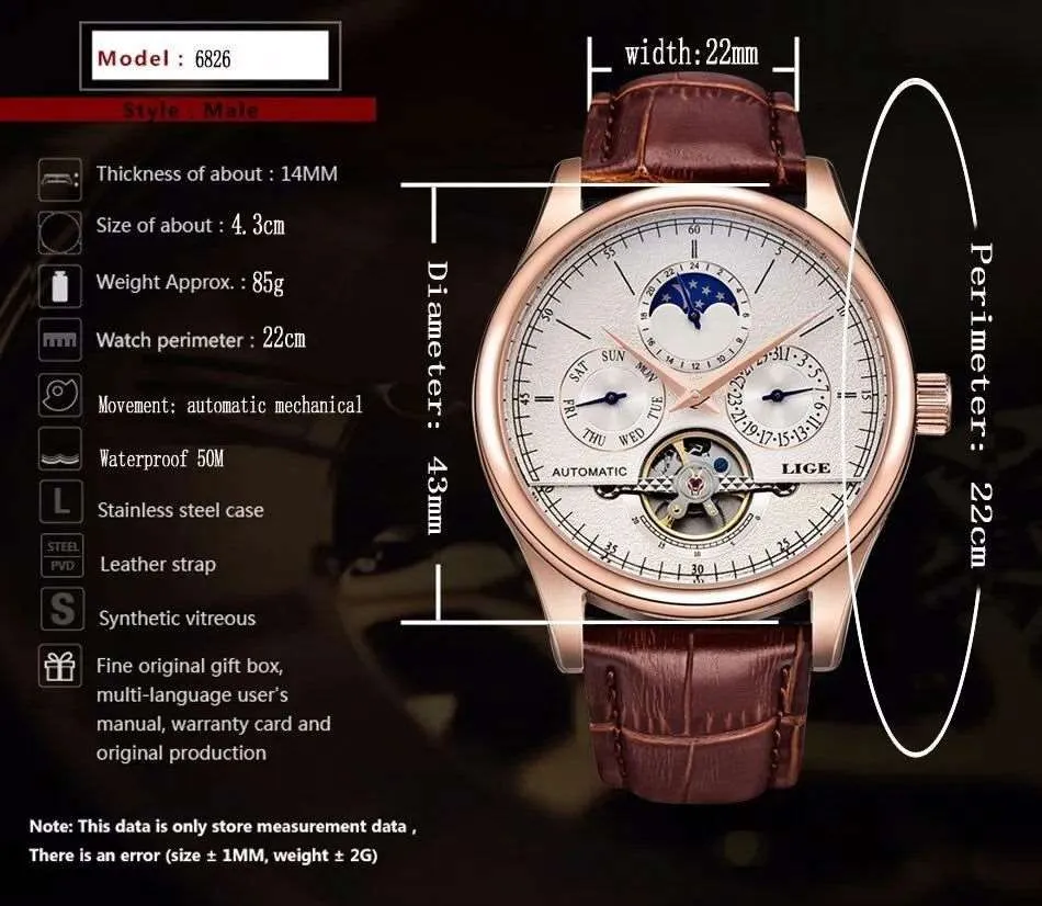 LIGE Men Automatic Tourbillon Leather Strap Watches