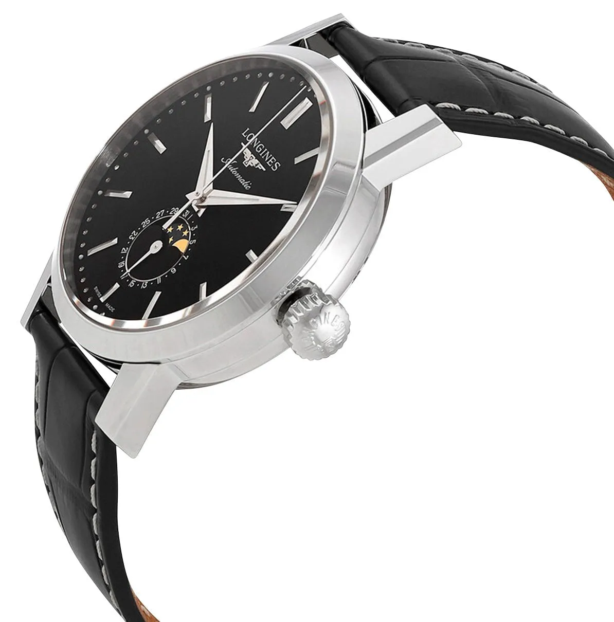 Longines Heritage Classic 1832 Automatic Stainless Steel Black Dial Black Leather Strap Date Moonphase Mens Watch L4.826.4.52.0