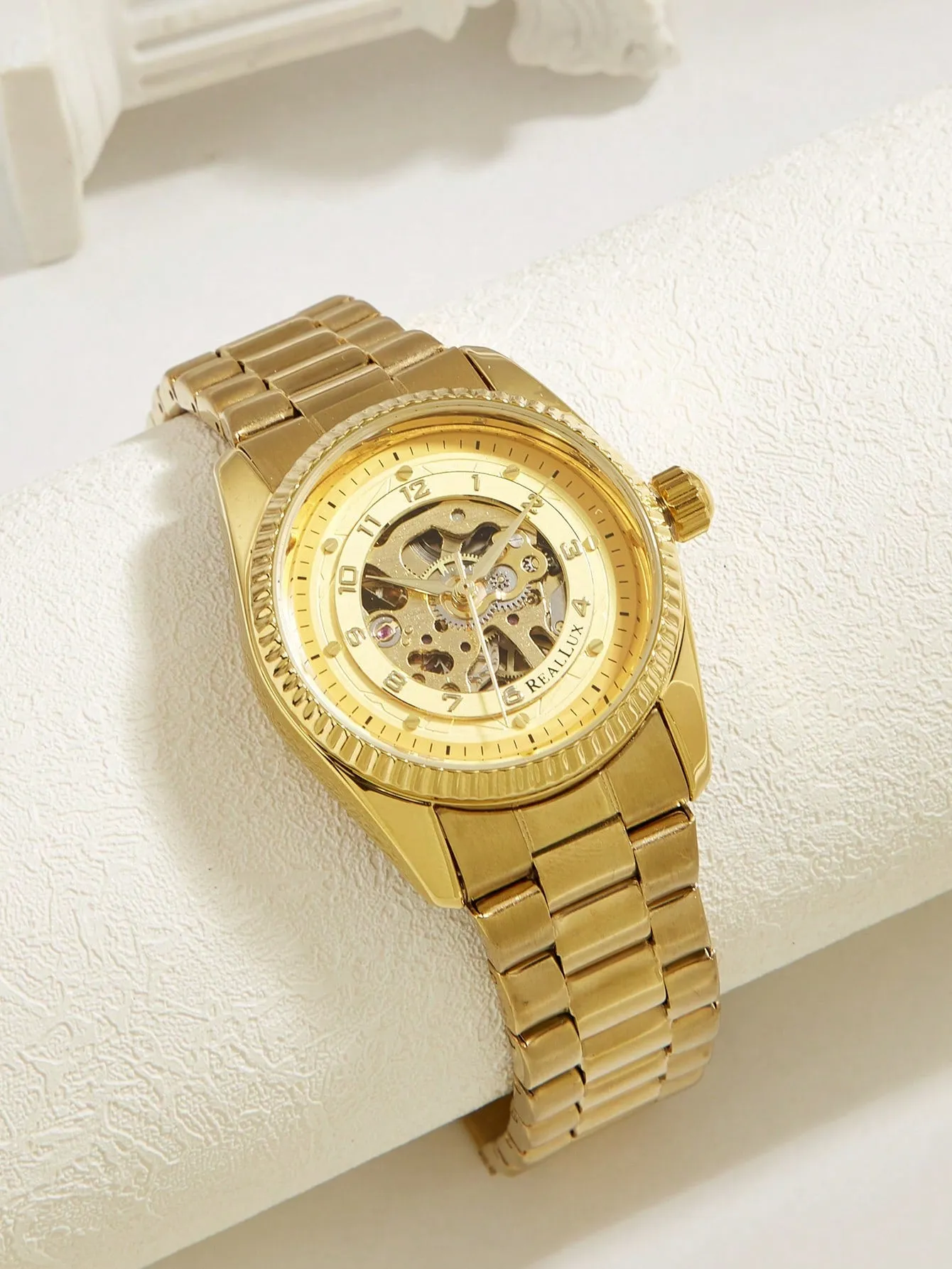Men's Gold Tone Steel Band Hollow Out Automatic Mechanical Wristwatch