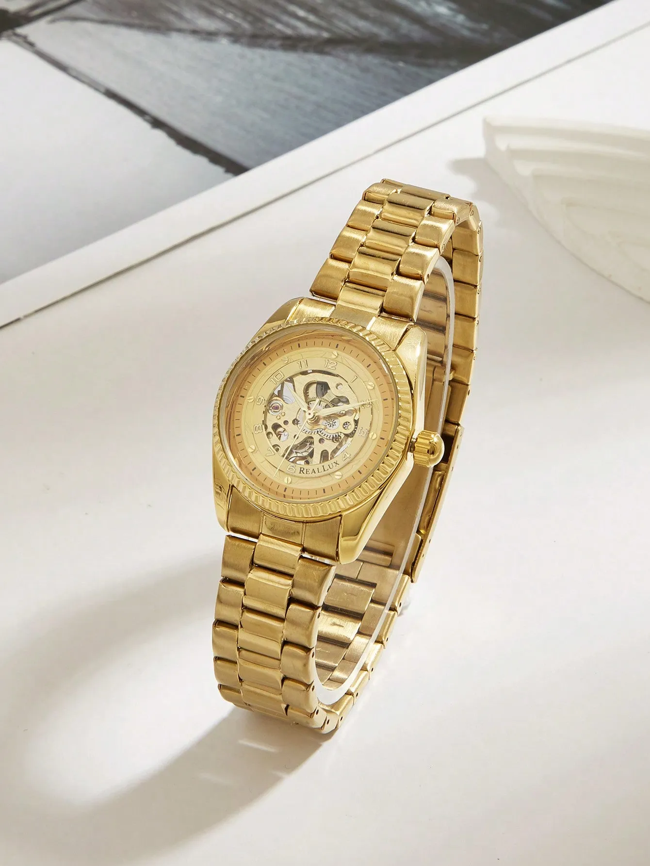 Men's Gold Tone Steel Band Hollow Out Automatic Mechanical Wristwatch