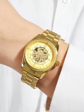 Men's Gold Tone Steel Band Hollow Out Automatic Mechanical Wristwatch