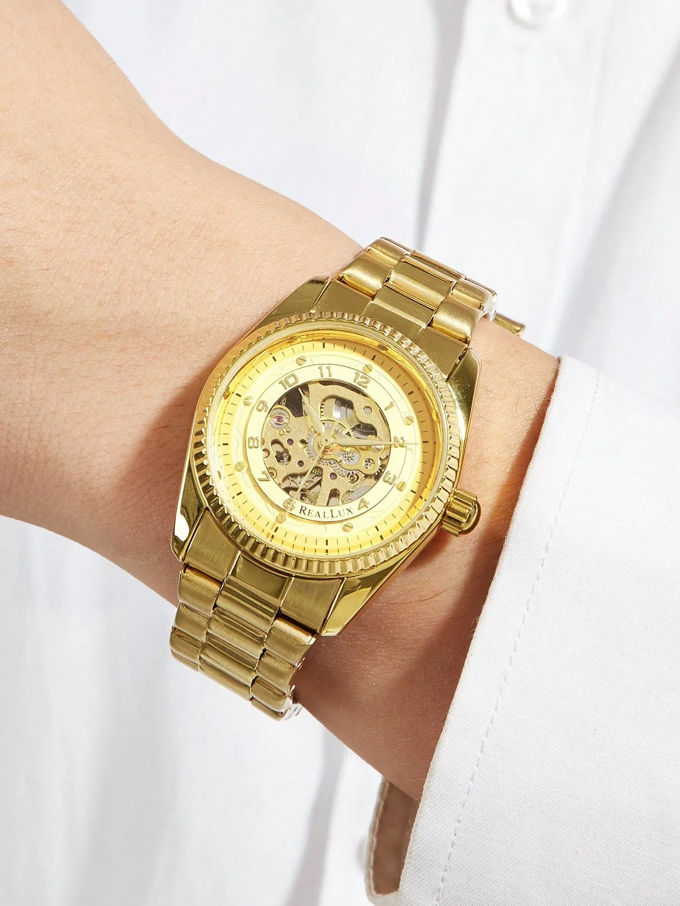 Men's Gold Tone Steel Band Hollow Out Automatic Mechanical Wristwatch
