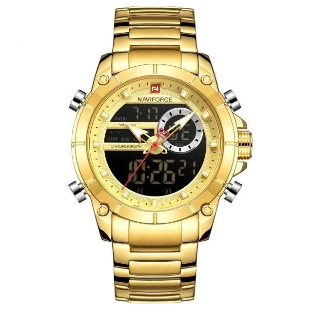 Military Sport Gold Quartz Steel Waterproof Dual Display Men Wrist Watch