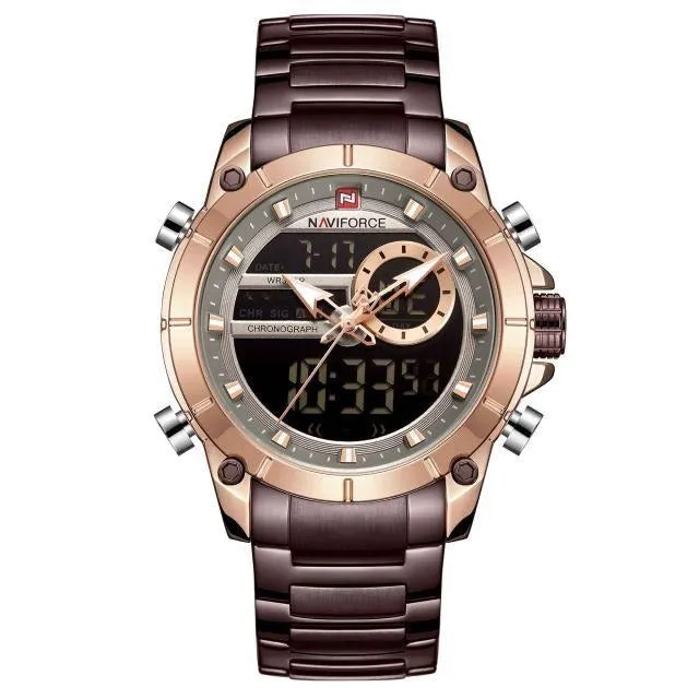 Military Sport Gold Quartz Steel Waterproof Dual Display Men Wrist Watch