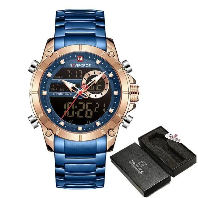 Military Sport Gold Quartz Steel Waterproof Dual Display Men Wrist Watch