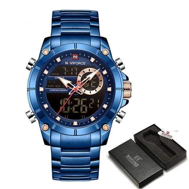 Military Sport Gold Quartz Steel Waterproof Dual Display Men Wrist Watch