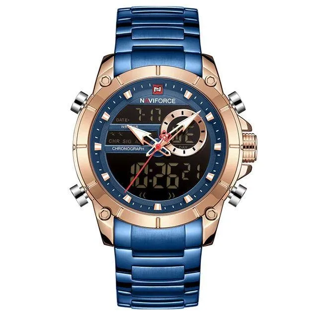 Military Sport Gold Quartz Steel Waterproof Dual Display Men Wrist Watch