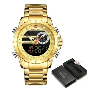 Military Sport Gold Quartz Steel Waterproof Dual Display Men Wrist Watch