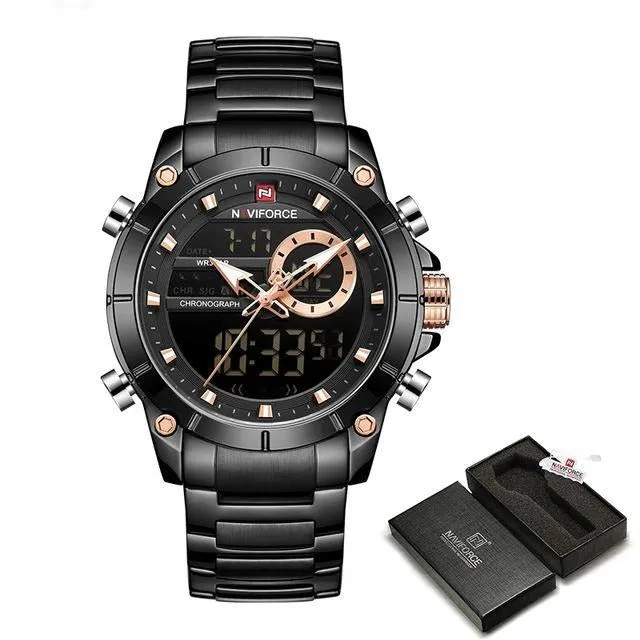 Military Sport Gold Quartz Steel Waterproof Dual Display Men Wrist Watch