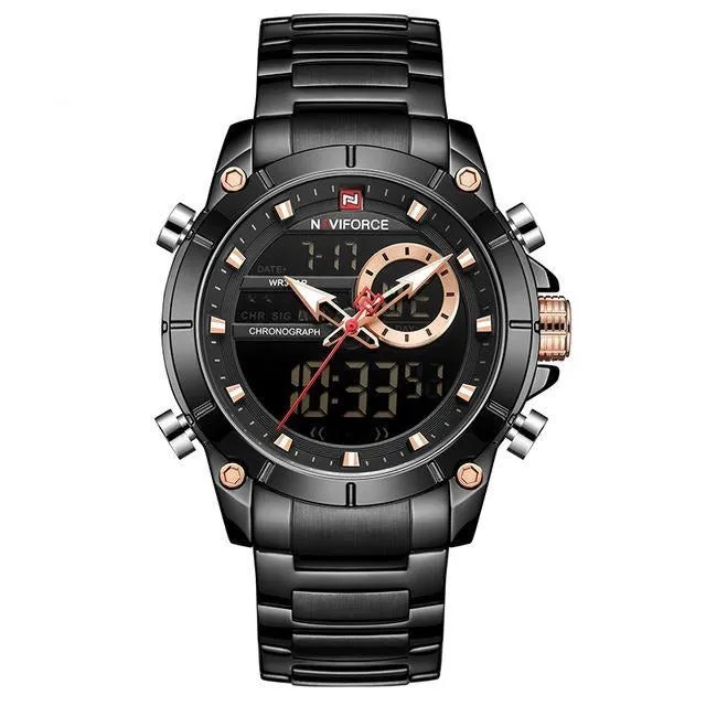 Military Sport Gold Quartz Steel Waterproof Dual Display Men Wrist Watch