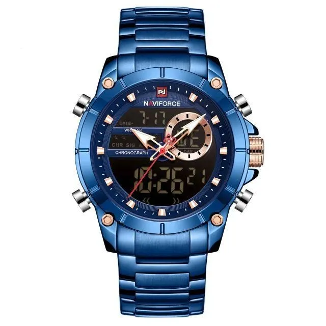 Military Sport Gold Quartz Steel Waterproof Dual Display Men Wrist Watch