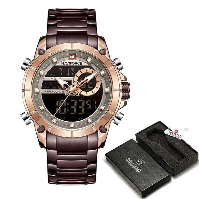 Military Sport Gold Quartz Steel Waterproof Dual Display Men Wrist Watch