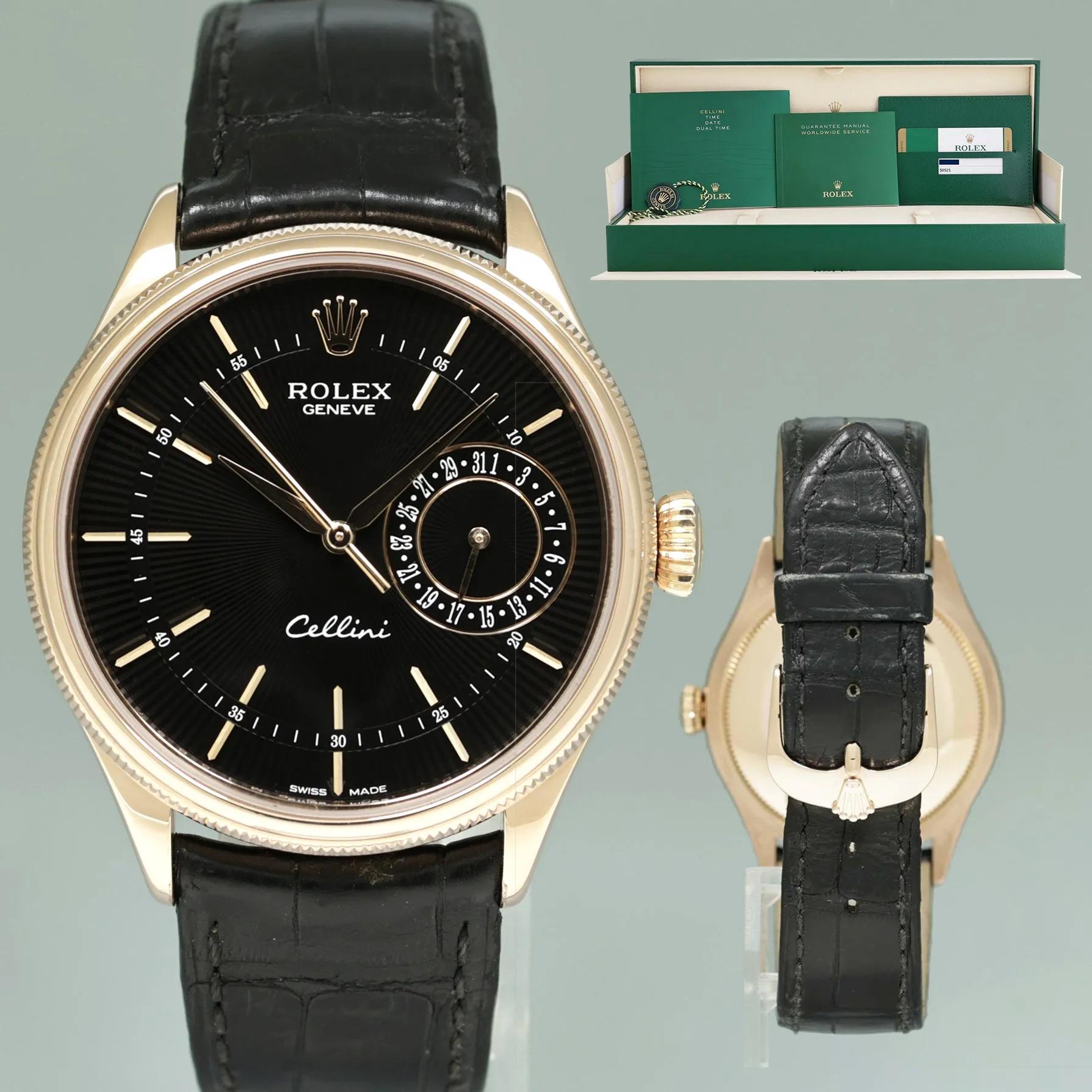 MINT PAPERS Rolex Cellini Rose Gold Black Automatic 39mm Leather 50515 Watch Box