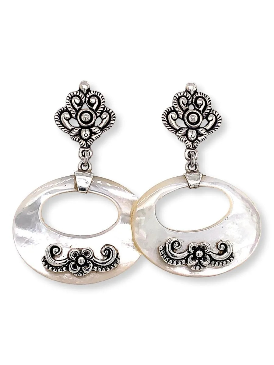 Mother-of-Pearl Oval Earrings with Flower Detail