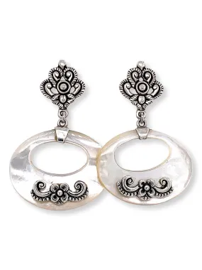 Mother-of-Pearl Oval Earrings with Flower Detail