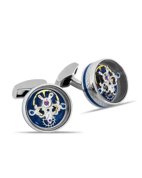 Palladium Plated Metal with Blue Enamel Pop Tourbillon Round Cufflinks